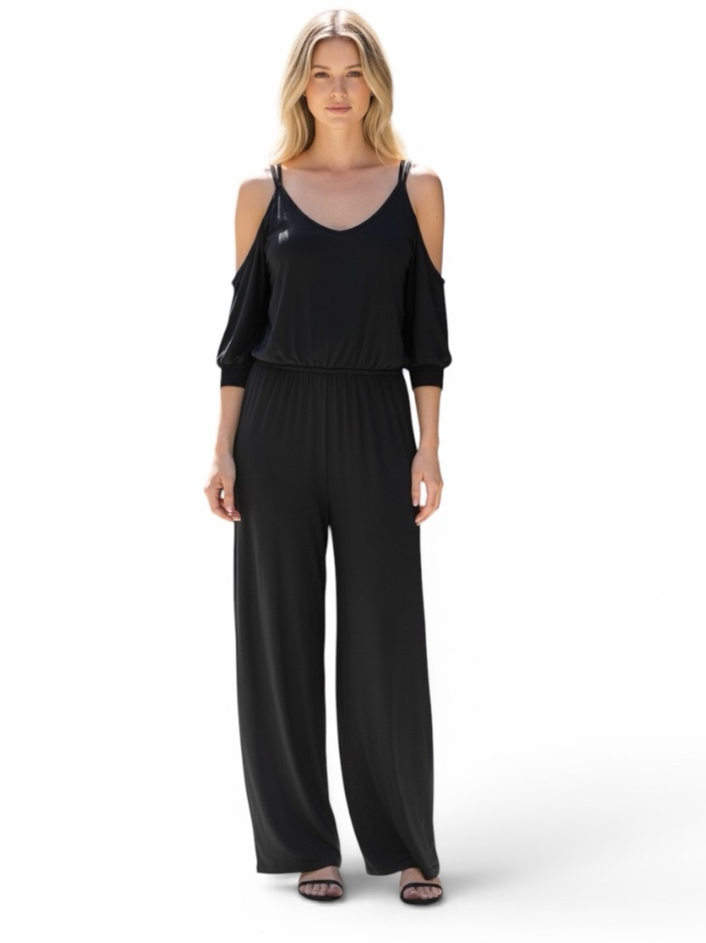 Black Jersey Knit Cold-Shoulder Jumpsuit, 3/4 sleeves, adjustable straps, Size L